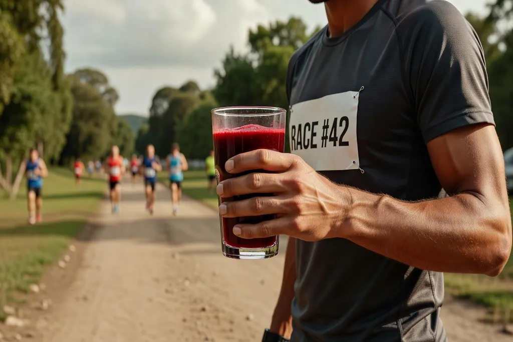 Verre de jus de betterave rouge tenu par un sportif, concept endurance et nitrates