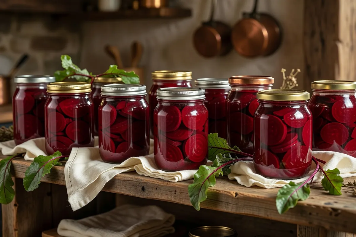 Bocal de betterave rouge en lacto-fermentation avec bulles visibles, ambiance cuisine traditionnelle