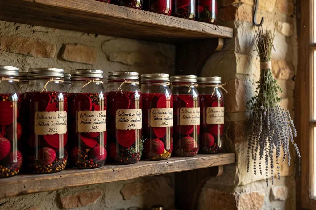 Bocaux de betteraves marinées en conserve maison, rangés sur une étagère en bois