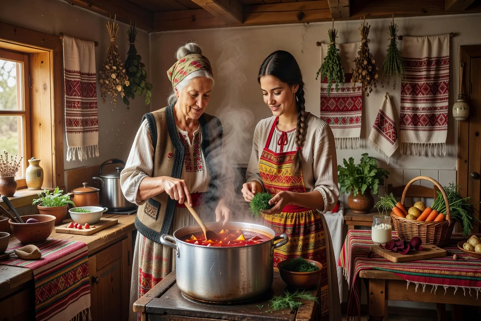 Bortsch ukrainien fumant dans un bol en terre cuite, tradition culinaire slave millénaire
