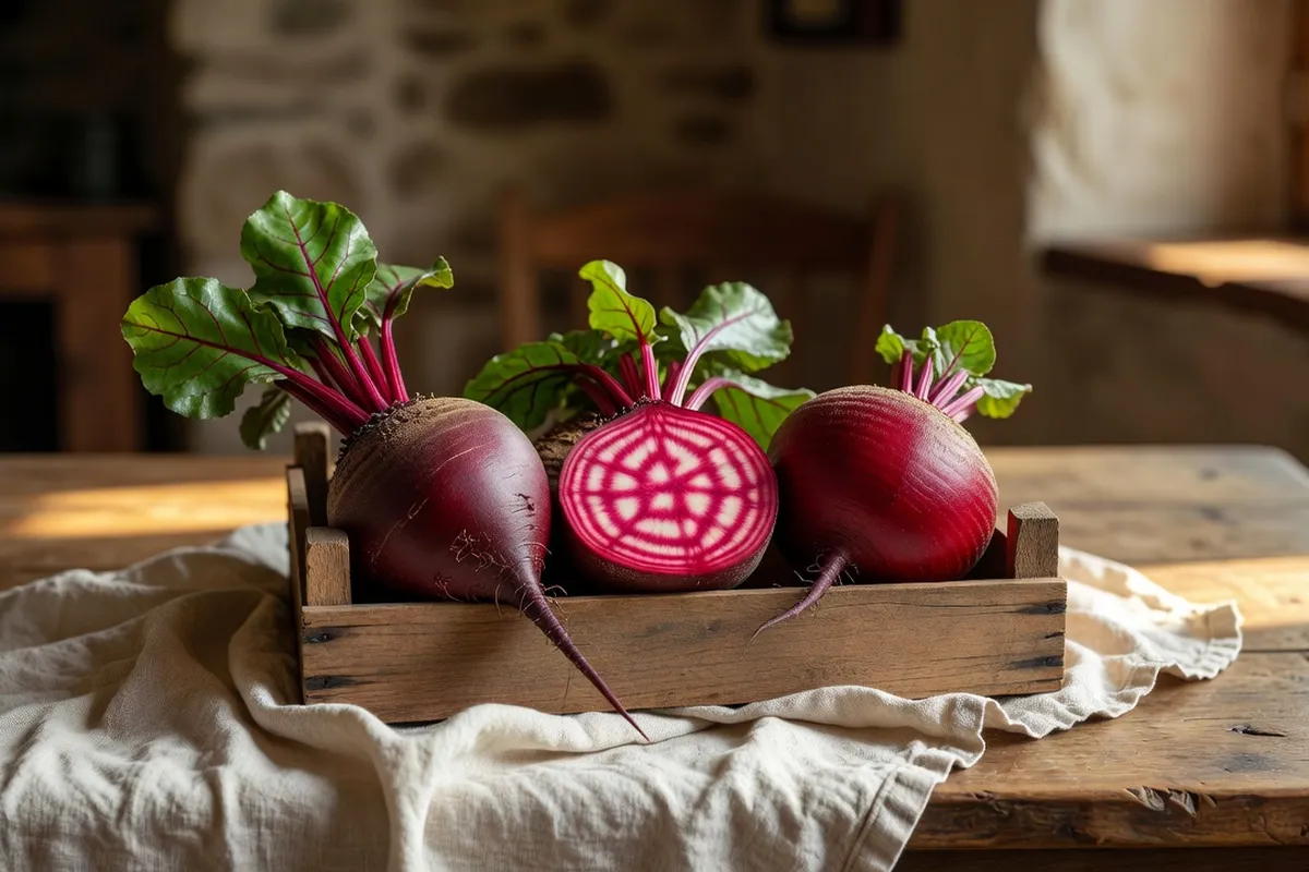 Variétés de betteraves rouges tranchées sur planche en bois, Crapaudine et Chioggia côte à côte