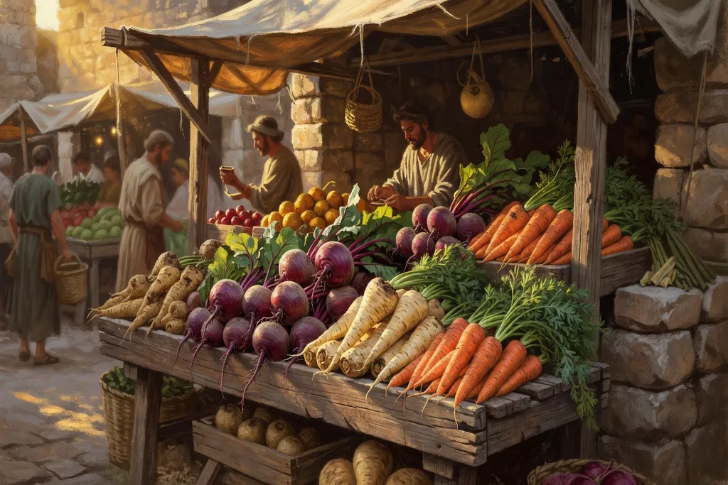 Marché de l'Antiquité avec légumes-racines dont des betteraves, tons chauds historiques
