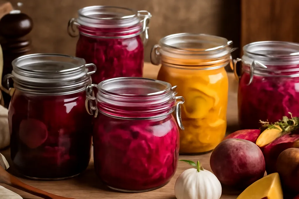 Bocaux de betteraves rouges en lacto-fermentation sur une étagère en bois