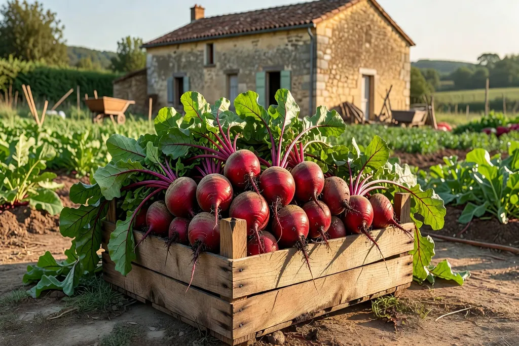 Betteraves rouges fraîchement récoltées dans un panier en bois, ferme française