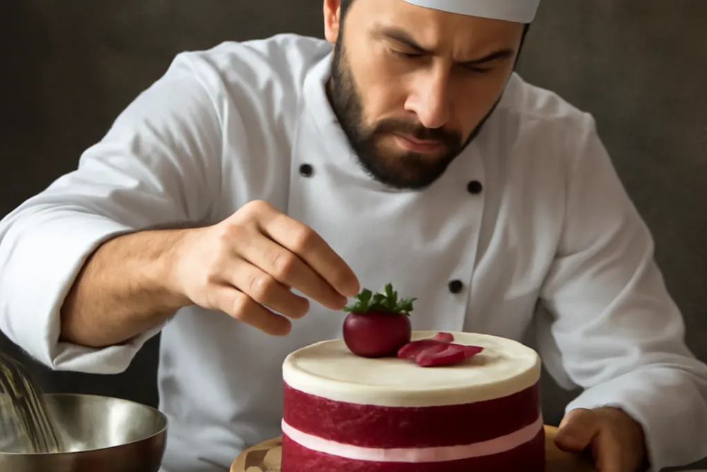 Gâteau au chocolat et betterave rouge coupé en tranches, mie moelleuse et pourpre