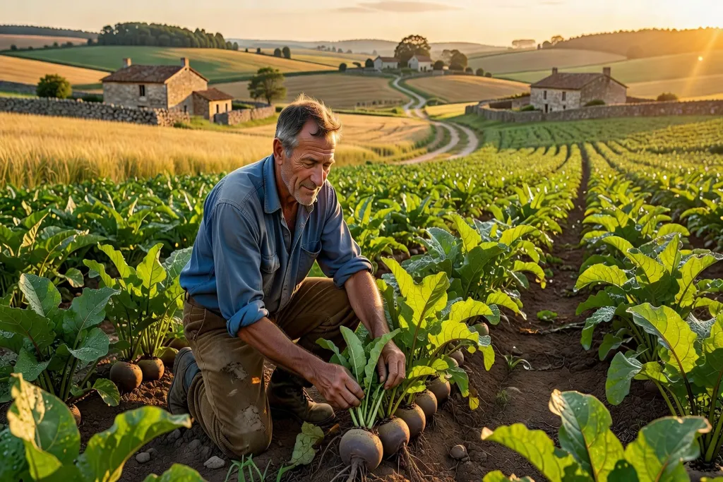 Agriculteur dans un champ de betteraves du Loiret inspectant les cultures, lumière naturelle