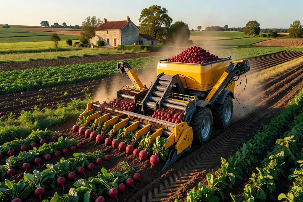 Récolte mécanisée de betteraves rouges dans la plaine agricole du Loiret