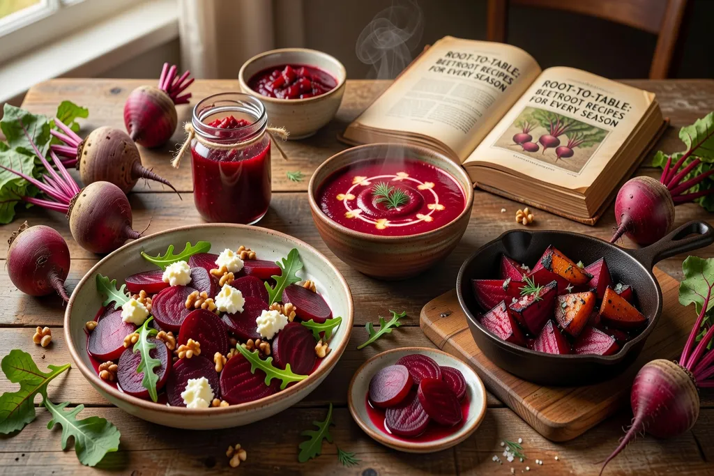 Table dressée avec diverses préparations culinaires à la betterave rouge, photographie gourmande