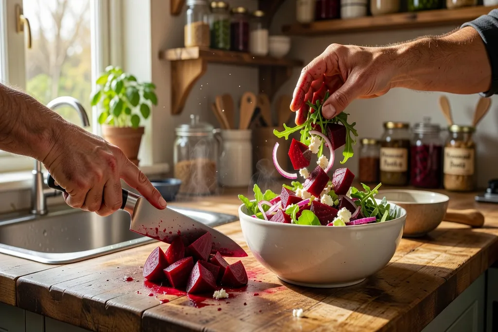 Mains préparant une salade de betteraves fraîches dans une cuisine lumineuse
