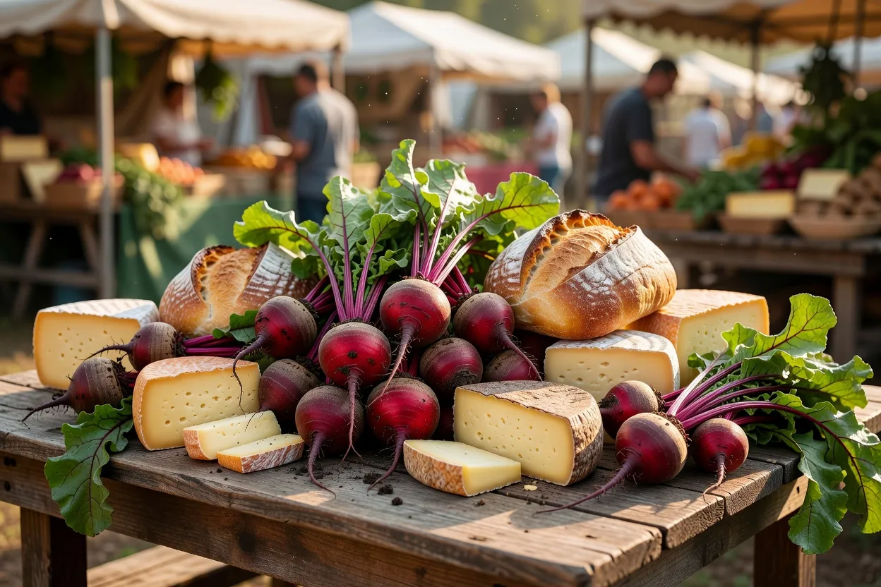 Table en bois rustique avec betteraves rouges fraîchement récoltées et produits locaux d'un marché fermier
