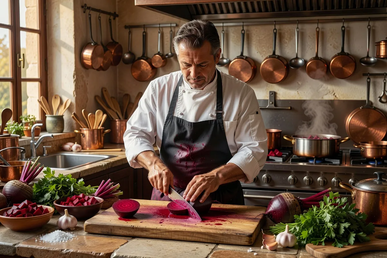 Chef cuisinier préparant une recette traditionnelle à base de betterave rouge dans sa cuisine
