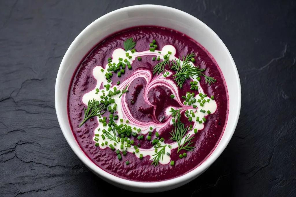 Bol de gaspacho de betterave rouge intense avec spirale de crème, vue de dessus