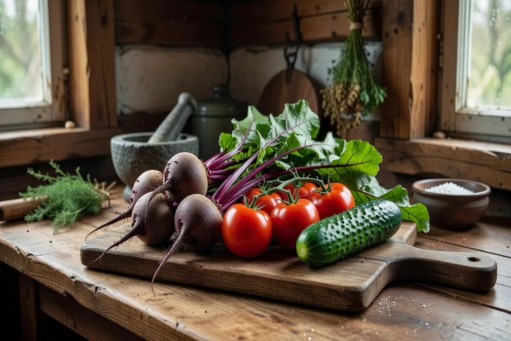 Ingrédients frais pour le gaspacho de betteraves : légumes colorés sur planche rustique