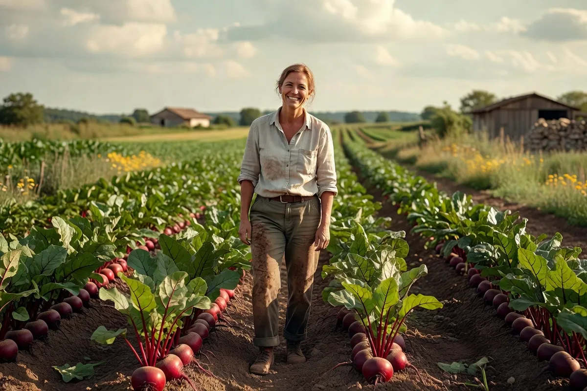 Agricultrice inspectant un rang de betteraves rouges biologiques dans un champ au petit matin