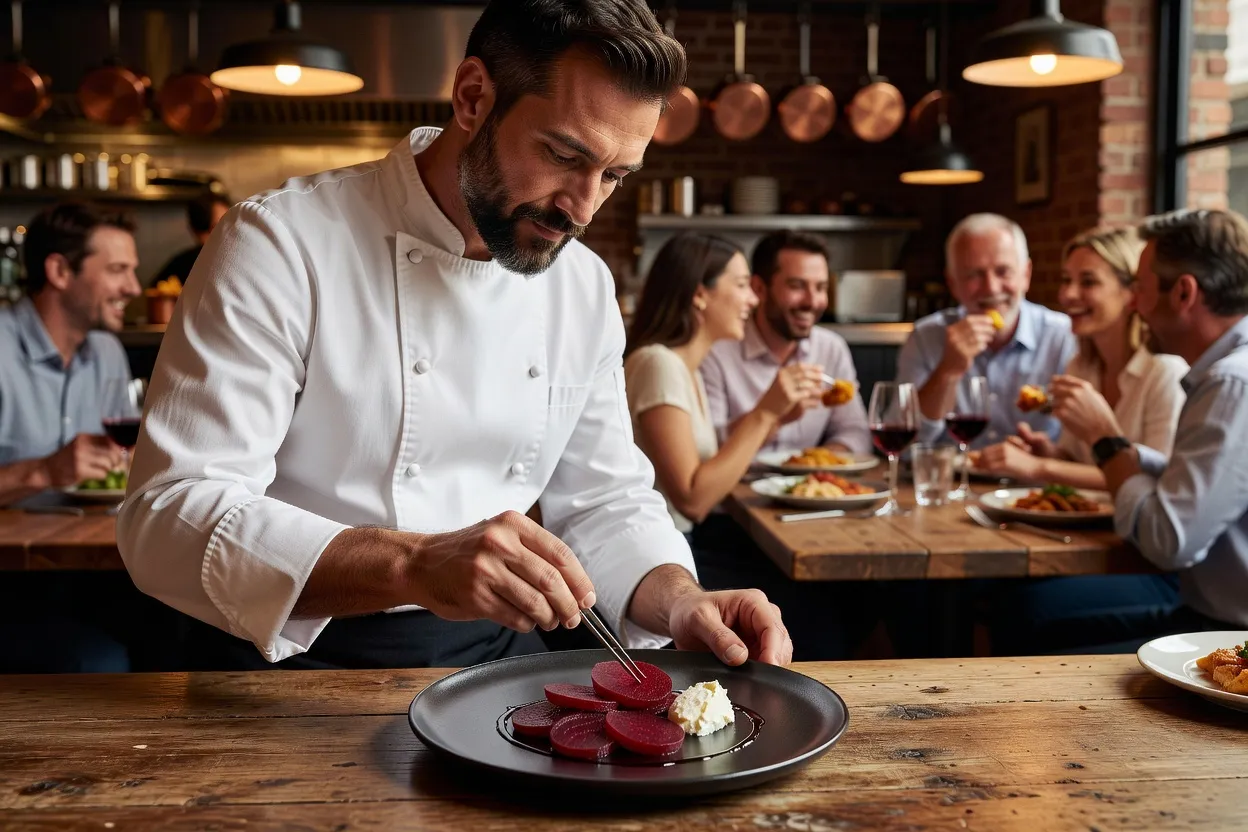 Chef dressant un plat de betterave rouge dans son restaurant parisien, salle en arrière-plan