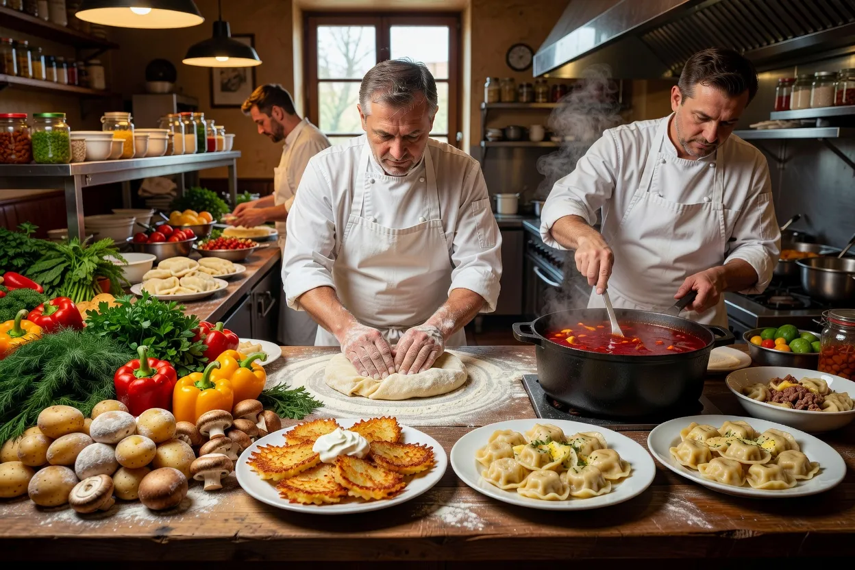 Vue de la cuisine du restaurant slave, ingrédients frais et plats en préparation