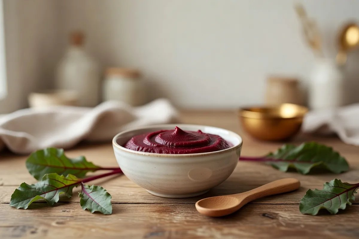 Petit pot de purée de betterave rouge pour bébé avec cuillère, présentation douce et colorée