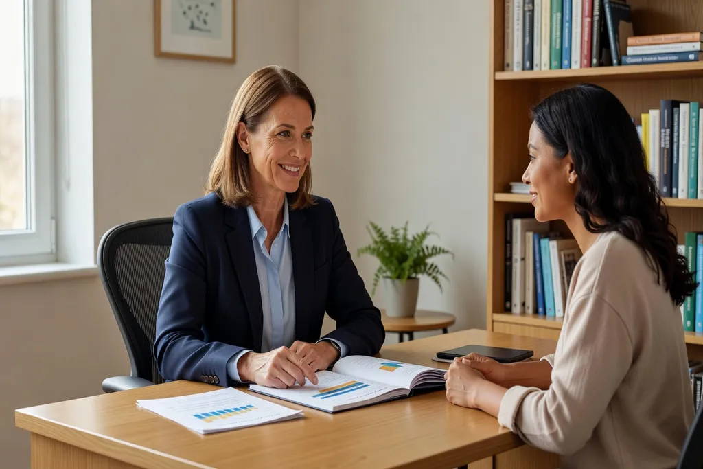 Nutritionniste en consultation, bureau chaleureux, ambiance professionnelle bienveillante