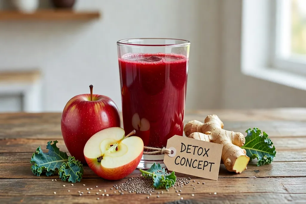 Verre de jus de betterave rouge avec pomme et gingembre, concept détox et vitalité