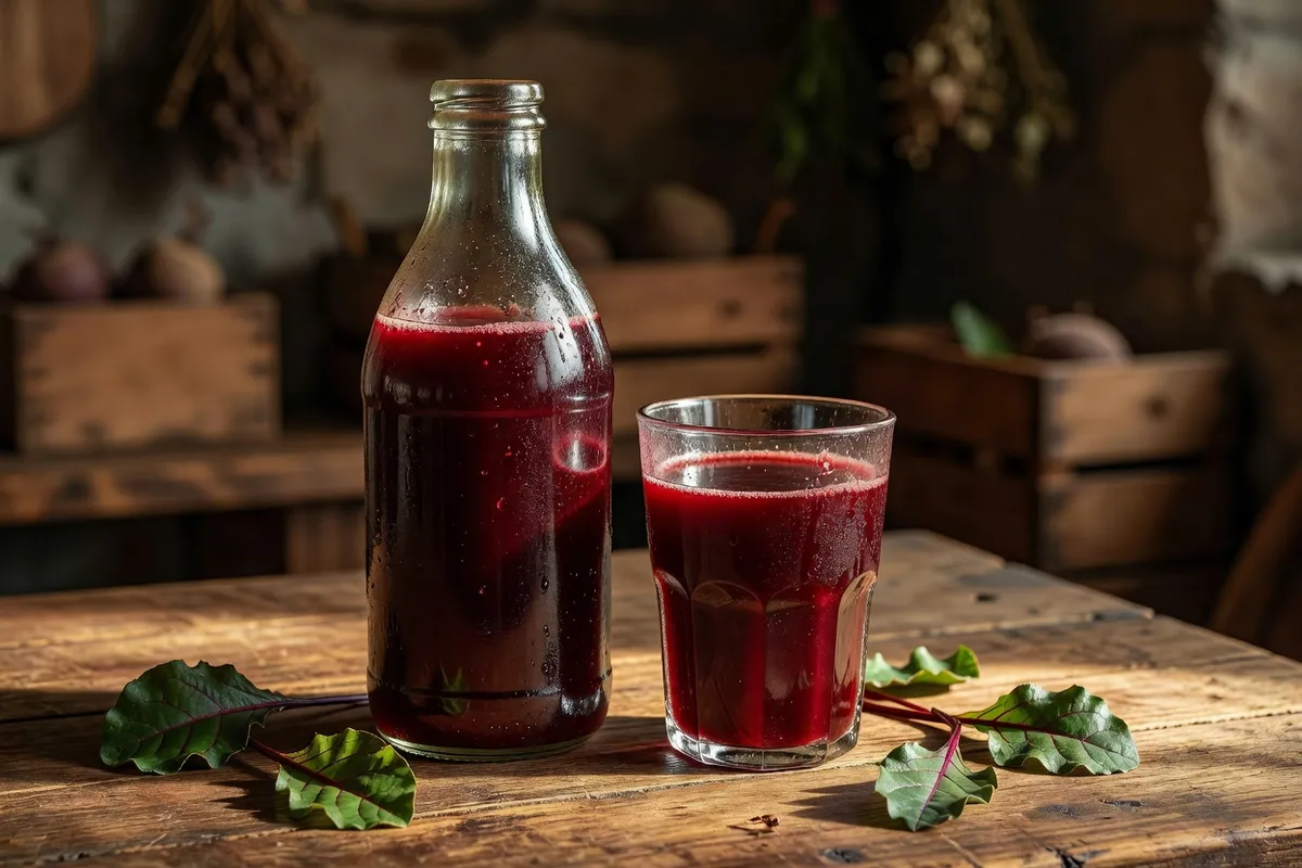 Bocal de kvas de betterave en fermentation avec betteraves rouges coupées, ambiance rustique de cuisine traditionnelle