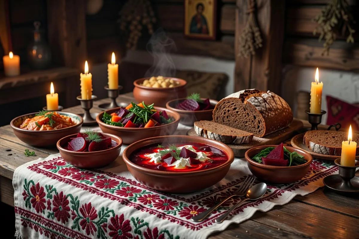 Table de carême orthodoxe avec bol de borsch maigre, pain noir et verre de kvas de betterave