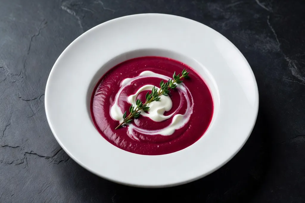Bol de velouté de betterave rouge onctueux avec spirale de crème et thym, vue de dessus