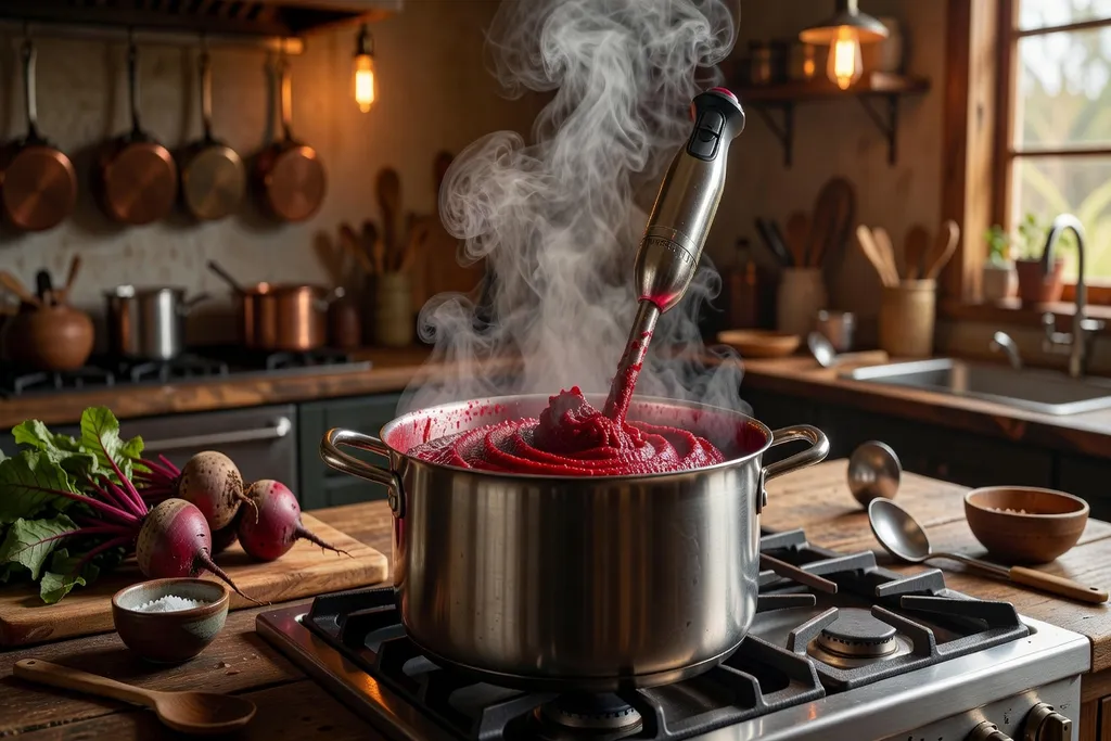 Betteraves mijotant dans une casserole, vapeur et arômes, préparation soupe crémeuse